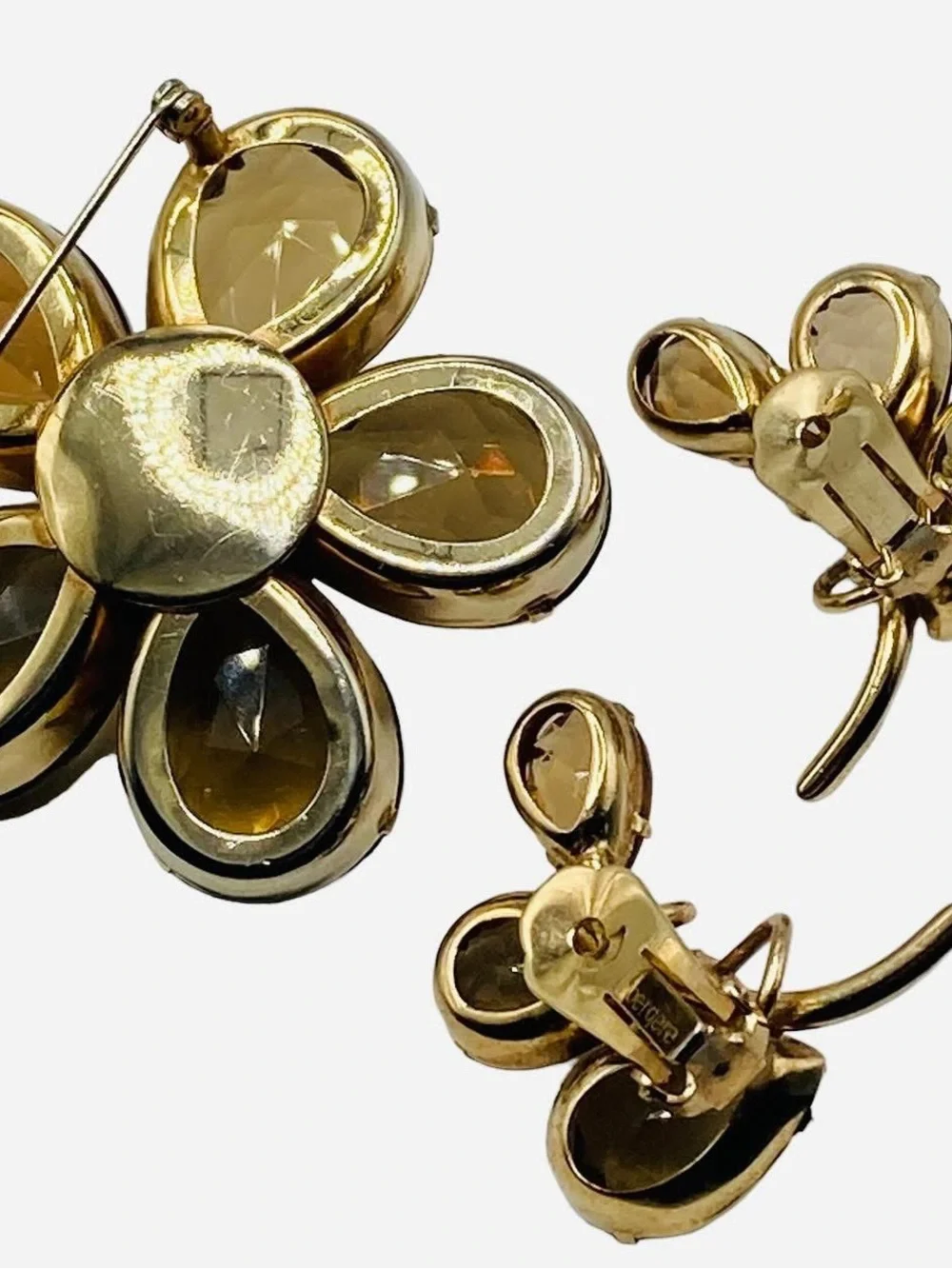 Vintage Bergere Topaz Glass Flower Brooch Clip Earrings Set
